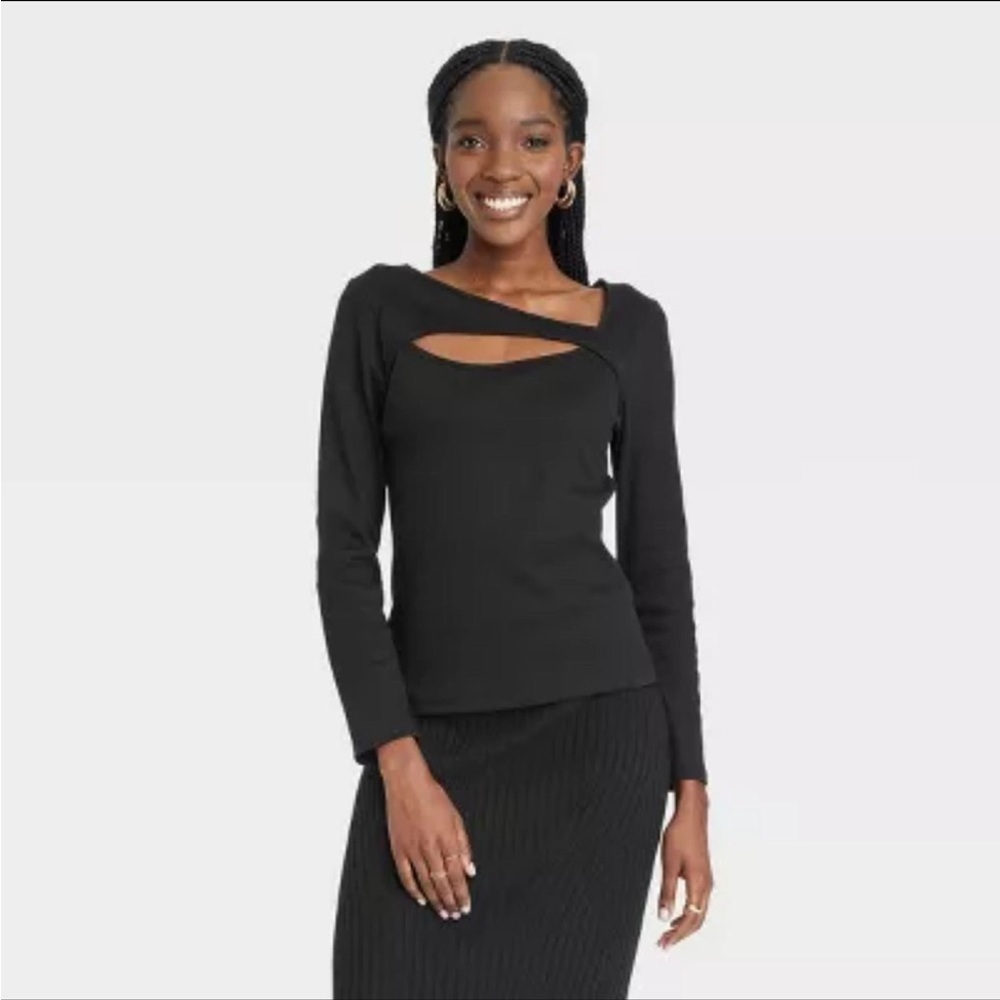 A New Day Women's Slim Fit Ribbed Long Sleeve Cut-Out Top Black Large L
